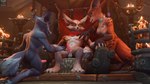 16:9 3d_(artwork) anthro balls blizzard_entertainment breasts canid canine digital_media_(artwork) erection female fennec_fox fox fur genitals group hi_res male mammal nipples nude penis smile tail text toxik_enzis trio true_fox vulpera warcraft white_body white_fur widescreen