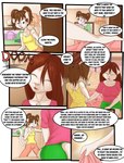 anthro bottomwear brown_hair clothed clothing comic digital_media_(artwork) domestic_cat duo emily_(paddedulf) english_text felid feline felis female fur hair hi_res mammal open_mouth paddedulf smile text topwear white_body white_fur