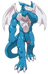 2024 abs anthro balls bandai_namco big_penis blue_body claws digimon digimon_(species) exveemon facial_horn flaccid foreskin genitals hi_res horn humanoid_genitalia humanoid_penis male muscular muscular_anthro muscular_male negy nose_horn nude pecs penis simple_background solo tail white_background wings