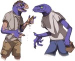 anthro bag claws clothed clothing cookie creep_(goosebumps) duo eating eyewear food glasses goosebumps green_sclera hair hair_loss hi_res human male mammal mid_transformation paperbag pupils purple_body purple_scales scales scalie simple_background slit_pupils sturaptor transformation transformation_through_food white_background