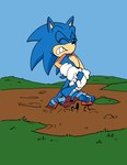 2024 3_toes absurd_res anthro blue_body blue_fur clenched_teeth clothing eulipotyphlan eyes_closed feet footwear fur gloves handwear hedgehog hi_res male mammal mud paws pulling_leg quills_(anatomy) sandals sega shoes solo sonic_the_hedgehog sonic_the_hedgehog_(series) stuck_in_mud tail teeth toes tracy_yardley white_clothing white_gloves white_handwear