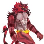 1:1 anthro barazoku biceps black_body black_fur canid canine digital_media_(artwork) elemental_manipulation fangs felid feline fire fire_manipulation flexing fur generation_7_pokemon gunshow hair hi_res incineroar looking_at_viewer male mammal muscular muscular_anthro muscular_male nintendo nipples nude pecs pokemon pokemon_(species) puffer_puff red_body red_fur simple_background solo standing teeth v-cut white_background