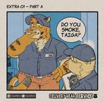 2023 anthro avian bottomwear cigarette cigarette_in_mouth clothing comic delivery_bear_service dialogue duo english_text felid hat headgear headwear hi_res kamui_shirow kemono male mammal object_in_mouth overweight overweight_male pantherine pants shirt surprise taiga_(kamui_shirow) text tiger topwear zuri_(kamui_shirow)