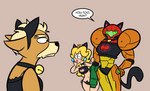 anthro armor blonde_hair canid canine clothing collar crossover curvy_figure dialogue english_text eye_contact fox fox_mccloud fur group hair headgear helmet hourglass_figure human long_hair looking_at_another mammal mario_bros meme metroid midriff nintendo princess_peach rusheloc samus_aran simple_background small_waist speech_bubble star_fox text thick_thighs trio varia_suit wide_hips