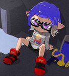 8-bit_(splatoon) alley animal_humanoid blue_hair cephalopod cephalopod_humanoid eyewear glasses hair humanoid inkling looking_offscreen male marine marine_humanoid mollusk mollusk_humanoid narrow_hips nintendo purple_eyes sitting solo splatoon splatoon_(manga) splattershot thin_calves thin_legs thin_thighs tukada