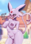 absurd_res anthro anthrofied ashraely big_breasts blush bodily_fluids breasts curvy_figure dialogue digital_media_(artwork) eeveelution english_text espeon female forehead_gem fur gem generation_2_pokemon genitals glistening glistening_body hi_res huge_breasts humanoid_genitalia humanoid_pussy innie_pussy looking_at_viewer mammal navel nintendo nipples nude nude_anthro nude_female open_mouth outdoor_nudity outside pokemon pokemon_(species) pokemorph purple_body purple_fur pussy simple_background smile solo sweat talking_to_viewer text thick_thighs voluptuous wide_hips