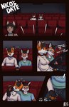 absurd_res anthro canid canine choker cleo_(maxizz) clothed clothing comic duo eyes_closed female footwear fox fur fur_markings grey_hair hair hi_res hug inner_ear_fluff inside iris_(luskfoxx) jewelry leaning male male/female mammal markings maxizz movie_theater multicolored_body multicolored_fur multicolored_hair necklace nico_(luskfoxx) orange_body orange_fur parody poster rainbow_hair solo text tuft