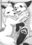 akafude_(tsukune_minaga) annoyed blush canid canine canis claws comic domestic_dog duo fangs female female/female feral fox fur greyscale hi_res hug looking_at_viewer mammal mane monochrome paws shiranui_(tsukune_minaga) simple_background teeth tsukune_minaga