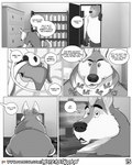 4:5 anthro ardent_(misterstallion) bear bookshelf canid canine canis clothed clothing comic computer dialogue drawers duo electronics english_text eyebrows fur furniture greyscale hi_res inside jockstrap larger_male male male/male mammal microsoft microsoft_windows misterstallion monitor monochrome open_mouth patreon patreon_logo sid_(misterstallion) size_difference smaller_male sound_effects speech_bubble teeth text underwear url windows_10 wolf