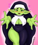 4_fingers big_breasts blush blush_lines breasts cleavage clothed clothing female fingers goblin green_body green_eyes green_skin heart_symbol horizontal_pupils huge_breasts humanoid humanoid_pointy_ears looking_at_viewer navel_outline nipple_outline nun nun_habit nun_outfit open_mouth open_smile pink_background pupils purple_clothing reaching_towards_viewer religious_clothing short_stack simple_background smile solo squishcap thick_thighs white_clothing wide_hips