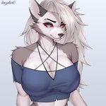 1:1 2024 absurd_res anthro big_breasts blue_clothing breasts canid canine clothing demon female front_view fur grey_body grey_fur hair helluva_boss hi_res kazutor0 looking_at_viewer loona_(helluva_boss) mammal red_eyes silver_hair solo white_body white_fur