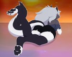 2022 4_toes anthro bigdon1992 black_pawpads bottomwear breasts butt canid canid_demon canine claws clothed clothing crop_top demon digital_media_(artwork) feet female female_anthro foot_focus fur grey_body grey_fur grey_hair hair hellhound helluva_boss hi_res legwear long_hair looking_away loona_(helluva_boss) lying mammal multicolored_body multicolored_fur multicolored_tail mythological_canine mythological_creature mythology on_front pawpads paws shirt shorts shoulderless_shirt solo stockings tail thigh_highs toe_claws toeless_legwear toeless_stockings toeless_thigh_highs toes topwear two_tone_body two_tone_fur two_tone_tail white_body white_fur