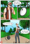 backpack clothing comic dee_(narusewolf) dialogue duo english_text feral forest forest_background generation_2_pokemon hat headgear headwear hi_res human male mammal narusewolf nature nature_background nintendo outside plant pokeball pokemon pokemon_(species) shirt speech_bubble t-shirt text topwear tree unown_(pokemon) unown_d