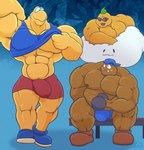 abs anthro bandage bench blue_background bottomwear bulge clothing cloud dumbbell eyewear footwear goomba goombario group gs gym hat headgear headwear hi_res jersey koopa koopa_troopa kooper lakilester lakitu lakitu's_cloud male mario_bros muscular muscular_anthro muscular_male nintendo nintendo_switch paper_mario pecs scalie shirtless shirtless_anthro shirtless_male shoes shorts simple_background smile sunglasses teeth trio underwear weights