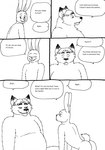 2023 anthro belly bernielover butt canid canine comic dialogue disney duo english_text eyes_closed fan_character fox gideon_grey hi_res lagomorph leporid male mammal monochrome nate_hopps nude overweight overweight_male pouting profanity rabbit red_fox sitting speech_bubble text true_fox zootopia