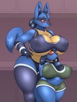 3:4 5_fingers absurd_res anthro armor belly big_breasts blue_body blue_clothing blush boob_hat bottomwear bra breast_squish breasts cel_shading cleavage cleavage_cutout clothed clothing curvy_figure cute_fangs cutout duo eye_contact female female/female fingers gauntlets generation_4_pokemon glistening glistening_body glistening_clothing gloves gloves_(marking) green_clothing hand_holding hand_on_hip hand_on_shoulder handwear heart_eyes heart_symbol hi_res huge_breasts huge_thighs inner_ear_fluff inside johnmarten leggings legwear looking_at_another looking_down looking_up lucario markings midriff multicolored_body multicolored_clothing narrowed_eyes navel nintendo nipple_outline open_mouth panties pokemon pokemon_(species) portrait purple_background red_eyes riolu same_evolution_group shaded shirt short_stack shorts simple_background skimpy slightly_chubby spikes spikes_(anatomy) sports_bra squish standing tank_top thick_thighs three-quarter_portrait topwear tuft two_tone_body two_tone_clothing under_boob underwear voluptuous wide_hips