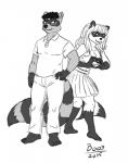 2015 anthro boo3 bottomwear breasts cleavage clothed clothing duo eyewear female glasses hi_res male mammal miranda_(disambiguation) monochrome pants polo_shirt procyonid raccoon randall shirt simple_background skirt slightly_chubby topwear