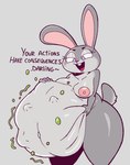 2024 abdominal_bulge anthro anthro_pred areola belly big_belly breasts dialogue digital_media_(artwork) disney english_text female female_pred fur grey_background grey_body hi_res huge_belly judy_hopps lagomorph leporid long_ears mammal navel nipples nude open_mouth pink_areola pink_nipples rabbit simple_background solo tail talking_to_prey text thick_thighs tongue vore weirdocat zootopia