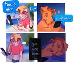 4_panel_comic anthro beverage blonde_hair border boyfriends brown_body brown_fur bunny_boyfriend canid canine canis cellphone chin_tuft clothing crop_top dog_boyfriend domestic_dog duo ears_down electronics english_text eyes_closed eyewear facial_tuft femboy fur glasses hair half-closed_eyes heart_symbol heresvix lagomorph leporid lying male mammal narrowed_eyes on_front phone pivoted_ears rabbit shirt sleeping smartphone smile tea text tinted_glasses topwear tuft white_body white_border white_fur