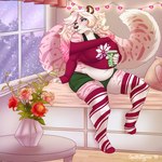 1:1 2018 anthro belly beverage big_belly blonde_hair blue_eyes cheek_tuft clothed clothing dated eyelashes facial_tuft felid female fur hair hi_res holding_beverage holding_object inside legwear mammal marzipan_(spottedtigress) multicolored_hair navel overweight overweight_anthro overweight_female pattern_clothing pattern_legwear pink_body pink_fur pink_hair red_clothing red_legwear red_topwear sitting solo striped_clothing striped_legwear stripes tiggybloom topwear tuft two_tone_hair white_body white_clothing white_fur white_legwear window