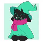 1:1 2018 anthro bovid bran-draws-things caprine clothing darkner deltarune digital_media_(artwork) eyewear fangs fur glasses goat hat headgear headwear hi_res kneeling male mammal ralsei scarf simple_background solo teeth undertale_(series)