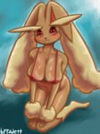 2024 3:4 anthro big_breasts bikini bikini_top blush breasts brown_body brradett clothing digital_drawing_(artwork) digital_media_(artwork) female fur generation_4_pokemon hi_res looking_at_viewer lopunny nintendo pokemon pokemon_(species) red_eyes shaded signature simple_background smile solo swimwear two-piece_swimsuit