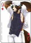 2018 abs anthro apron bottomwear brown_body brown_fur canid canine card card_template chef chef_hat clothed clothing copyright_symbol diamonds_(suit) digital_media_(artwork) english_text fonyaa fur green_eyes hair hat headgear headwear looking_at_viewer male mammal muscular muscular_anthro muscular_male nine_of_diamonds nipples pants pecs playing_card playing_card_template raccoon_dog shirt simple_background smile solo standing suit_symbol symbol tanuki tanukiami text topwear