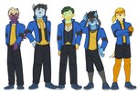 3:2 anthro anthrofied bottomwear buizel clothed clothing cosplay crossed_arms footwear fully_clothed fuze generation_4_pokemon grotle group hi_res lucas_(pokemon) luxio male nintendo pants pokemon pokemon_(species) pokemorph riolu shoes shorts simple_background skyler_(fuze) stunky thumb_in_waistband white_background