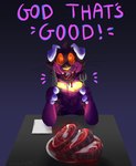 2019 anthro black_whiskers blood blood_drip bodily_fluids candy_gore digital_media_(artwork) digital_painting_(artwork) domestic_cat dripping eating eating_food eating_meat english_text fangs felid feline felis floating_head floppy_ears food fur furniture glowing glowing_eyes glowing_nose gore gradient_background handpaw handwritten_text hi_res holding_fork holding_knife holding_object jaspering knife male mammal meat napkin paws plate purple_body purple_fur purple_text red_eyes shaded simple_background smile solo spiral_pupils table teeth text the_toymaker_(jaspering) whisker_spots whiskers yellow_nose