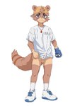 anthro backwards_baseball_cap backwards_hat baseball_cap bottomless bulge canid canine clothed clothing detailed_bulge erection erection_under_clothing genital_outline hat headgear headwear hi_res leeksaltboy male mammal penis_outline raccoon_dog simple_background solo tanuki tanuki_kun_(leeksaltboy) translucent translucent_clothing white_background