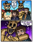 2024 angry animatronic anthro band-aid bandage black_bow_tie blue_background bow_tie chloesimaginationthings clothing comic dialogue digital_media_(artwork) duo english_text exasperated eyes_closed fangs five_nights_at_freddy's five_nights_at_freddy's:_security_breach gasp gesture glamrock_freddy gregory_(fnaf) group hand_gesture hands_on_shoulders happy hat headgear headwear hi_res hooded_jacket hoodie hug hugging_another human into_the_pit looking_at_another machine male mammal oswald_(fnaf) pattern_clothing pattern_shirt pattern_topwear pointing pointing_at_self purple_background purple_bow_tie robot robot_anthro scottgames sharp_teeth shirt shoulder_pads simple_background speech_bubble spring_bonnie_(fnaf) steel_wool_studios striped_clothing striped_shirt striped_topwear stripes surrogate_father teeth text top_hat topwear