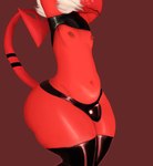 2023 ahoeforcoffee arm_over_head bulge clothed clothing demon demon_humanoid english_text femboy hair helluva_boss hi_res humanoid imp latex latex_clothing latex_legwear latex_stockings legwear male moxxie_(helluva_boss) nipples raised_arm raised_tail red_body skimpy slightly_chubby solo standing stockings tail text thick_thighs white_hair wide_hips