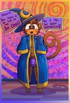 abstract_background bloons_tower_defense blush brown_body brown_fur bulge clothing femboy fur genitals haplorhine hat headgear headwear hi_res iguanasarecool male mammal monkey ninja_kiwi oversized_clothing penis primate robe speech_bubble tail tan_body tan_fur text wide_hips wizard_hat wizard_monkey_(bloons) wizard_robe