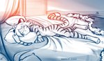 2021 adobe_photoshop_(artwork) anthro bed casual_nudity conditional_dnp convenient_censorship digital_media_(artwork) digitigrade felid female fur furniture hi_res hug hugging_object hugging_pillow ivy_(twokinds) keidran looking_at_viewer lying mammal monochrome navel nude on_bed on_side one_eye_closed pantherine pillow round_bed sketch smile solo striped_body striped_fur stripes tiger tom_fischbach twokinds