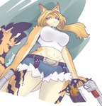 angelthevixen anthro big_breasts blonde_hair breasts clothing felid female fur green_eyes gun gunblade hair handgun hi_res mammal mihoyo pistol pulchra_(zenless_zone_zero) ranged_weapon solo topwear weapon white_clothing white_topwear yellow_body yellow_fur zenless_zone_zero