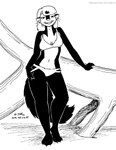 2018 anthro bikini black_and_white breasts clothed clothing ear_piercing ear_ring female fur hair kelly_o'dor looking_at_viewer mammal mephitid monochrome navel open_mouth piercing plant ring_piercing skunk solo striped_skunk swimwear tail tegerio tree two-piece_swimsuit whiskers zandar's_saga