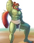 beard bikini_thong bulge clothing desert detailed_bulge facial_hair food ganondorf gerudo green_body hair hi_res human human_only male mammal nintendo not_furry pecs popsicle popsicle_in_mouth popsicle_melting sand sea_pupper solo standing swimwear tears_of_the_kingdom the_legend_of_zelda