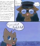 2024 anthro binoculars blue_eyes blue_sky brown_body brown_fur canid canine canis clothed clothing coat colored comic cptn_edvards dated dialogue digital_drawing_(artwork) digital_media_(artwork) duo english_text fur hair hat headgear headwear hi_res koffeecake male mammal open_mouth paws peaked_cap pink_nose sea simple_background sky story text topwear water