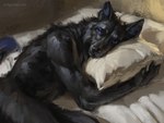 2024 anthro bed biped black_body black_fur black_nose blue_eyes canid canine canis claws creeps digital_media_(artwork) finger_claws fur furniture looking_at_viewer lying male male_anthro mammal monotone_body monotone_fur on_bed on_side pillow solo wolf