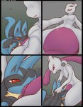 2019 absurd_res anthro anthro_on_anthro ass_up belly blue_body blue_fur blush bodily_fluids butt close-up comic curvy_figure deep_throat duo fellatio first_person_view fur generation_1_pokemon generation_4_pokemon genitals hand_on_head head_in_crotch hi_res kneeling kuroodod legendary_pokemon leo_(kuroodod) low-angle_view lucario male male/male male_penetrated male_penetrating male_penetrating_male mewtwo nintendo nude oral oral_penetration penetration penile penis pokemon pokemon_(species) purple_eyes receiving_pov red_eyes sex simple_background spread_legs spreading submissive submissive_pov sweat tail tongue white_body