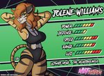 2020 anthro big_breasts breasts camel_toe clothed clothing english_text felid female fighting_game fur green_eyes hair hand_on_head hi_res jolene_williams_(metalmax1991) leotard long_hair looking_at_viewer mammal markings mature_anthro mature_female milfighters one_eye_obstructed pantherine pink_nose red_hair signature sketchybug skimpy solo stats striped_body striped_fur striped_markings striped_tail stripes tail tail_markings text tiger url white_body white_fur yellow_body yellow_fur