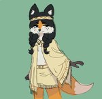 anthro asian_clothing big_ears black_hair boots braided_hair breasts canid canine canis cheek_tuft clothed clothing digital_drawing_(artwork) digital_media_(artwork) east_asian_clothing eyebrows facial_tuft female footwear fox fur gourmetsupremos hair inner_ear_fluff japanese_clothing kimono mammal multicolored_body multicolored_fur multicolored_hair navel northwind_(efradraws) partially_clothed poncho shoes shongila_(northwind) simple_background simple_eyes sitting small_breasts smug smug_eyes smug_face smug_grin solo traditional_media_(artwork) tuft