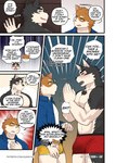 abs bulge canid canine canis clothing comic dialogue domestic_cat domestic_dog duo english_text felid feline felis half_naked hi_res luwei_(artist) male male/male mammal muscular muscular_arms muscular_male poker_face sumiya text underwear url yuta