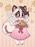 2019 anthro blue_eyes brown_body brown_eyes brown_fur brown_hair canid canine canis cheek_tuft clothed clothing cookie cookie_(kitsune98) dated domestic_dog dress facial_tuft female food full-length_portrait fur hair heterochromia hi_res holding_cookie holding_food holding_object mammal open_mouth open_smile pink_clothing pink_dress portrait smile solo standing tiggybloom tuft white_body white_fur white_hair