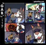 akita anthro at_work black_body black_dot_eyes black_fur black_hair black_nose bodily_fluids brown_body brown_fur canid canine canis comic coveralls dialogue digit_ring domestic_dog duo eating eating_food engagement_ring female food fur gab_(comic) gabshiba gesture hair hand_gesture heart_symbol hyena jewelry looking_at_another lunchbox male mammal markings multicolored_body multicolored_fur ok_sign oxxo pictographics pink_nose pit_bull ruff_bull shocked sitting speech_bubble spitz spots spotted_body spotted_fur spotted_hyena sweat sweatdrop tears text two_tone_body two_tone_fur url voff_akita white_body white_fur