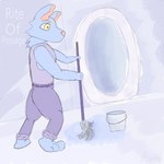 1:1 absurd_res anthro blue_body canid canine cleaning_tool clothing comic digital_media_(artwork) english_text hi_res koffeecake male mammal mop navy simple_background solo text