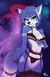 2020 anthro areola areola_slip arm_tuft biped blue_body blue_eyes blue_fur blue_hair blush breasts canid canine chest_tuft circlet clothed clothing conditional_dnp cosmic_background digital_media_(artwork) eyebrows eyelashes female fluff-kevlar fox fur garter_belt garter_straps hair hi_res krystal_(star_fox) legwear lingerie looking_at_viewer mammal markings navel nintendo nipples panties shoulder_tuft simple_background skimpy solo standing star_fox stockings tail thigh_highs tuft underwear white_body white_fur white_markings