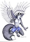 2000 anthro back_wings black_nose blue_bottomwear blue_clothing blue_shorts bottomwear canid canine clothed clothing cutoffs denim denim_bottomwear denim_clothing digitigrade feathered_wings feathers fox full-length_portrait fur grey_body grey_fur hindpaw humanoid_hands kneeling male mammal nipples paws pecs portrait shaded shorts shorts_only signature simple_background snout solo topless traditional_media_(artwork) white_background white_body white_feathers white_fur white_inner_ear wings xianjaguar yellow_eyes