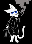 anthro black_background blue_eyes bottomwear briefcase cigarette clothed clothing domestic_cat eyewear felid feline felis frazzled_whiskers fur glasses hi_res hole_in_ear looking_at_viewer male mammal necktie nylonheretic oscar_(nylonheretic) shirt simple_background smoke smoking solo tail tired tired_eyes topwear wearing_glasses whiskers white_body