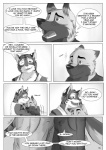 anthro blackmailz blush bulge canid canine canis clothing comic dialogue domestic_dog english_text eye_contact felid fur gray_(blackmailz) hector_(blackmailz) hi_res hug looking_at_another male male/male mammal monochrome one_eye_closed pantherine tail text tiger